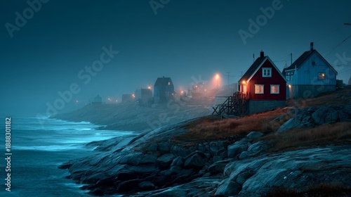 City in Greenland with houses at night
