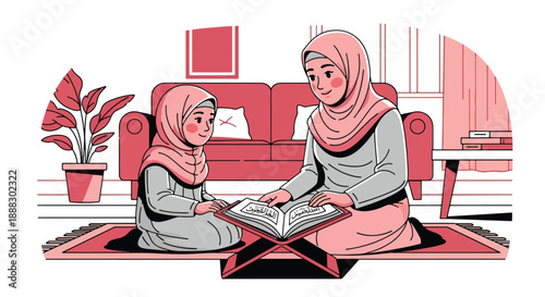 Vector illustration of a Muslim mother and daughter reading the Quran together, expressing peaceful learning, spiritual connection, and family devotion in flat vector style