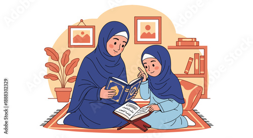 Vector illustration of a Muslim mother and daughter reading the Quran together, expressing peaceful learning, spiritual connection, and family devotion in flat vector style