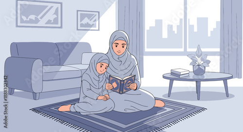Vector illustration of a Muslim mother and daughter reading the Quran together, expressing peaceful learning, spiritual connection, and family devotion in flat vector style