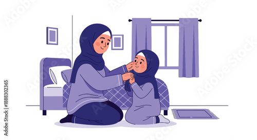 Vector illustration of a Muslim mother helping her daughter wear hijab, showing care, modesty, and cultural values in a warm family moment in flat vector style