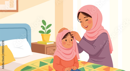 Vector illustration of a Muslim mother helping her daughter wear hijab, showing care, modesty, and cultural values in a warm family moment in flat vector style