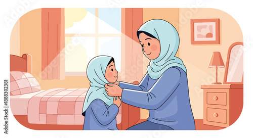 Vector illustration of a Muslim mother helping her daughter wear hijab, showing care, modesty, and cultural values in a warm family moment in flat vector style