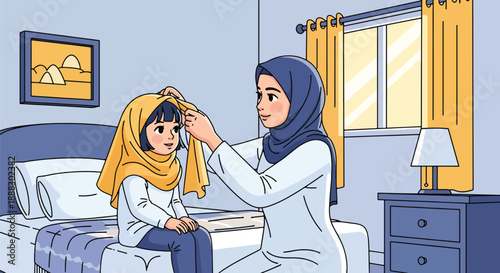 Vector illustration of a Muslim mother helping her daughter wear hijab, showing care, modesty, and cultural values in a warm family moment in flat vector style