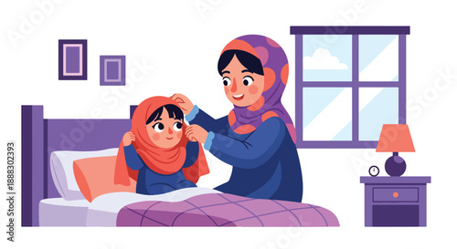 Vector illustration of a Muslim mother helping her daughter wear hijab, showing care, modesty, and cultural values in a warm family moment in flat vector style