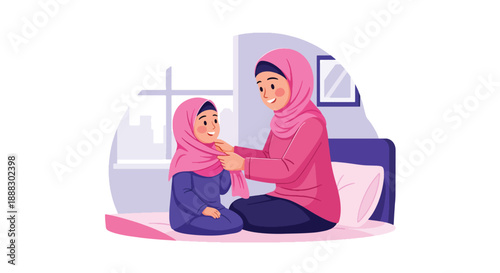 Vector illustration of a Muslim mother helping her daughter wear hijab, showing care, modesty, and cultural values in a warm family moment in flat vector style