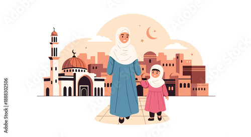 Vector illustration of a Muslim mother and daughter walking to a mosque together, reflecting spiritual journey, modest lifestyle, and family unity in flat vector style