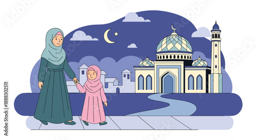 Vector illustration of a Muslim mother and daughter walking to a mosque together, reflecting spiritual journey, modest lifestyle, and family unity in flat vector style