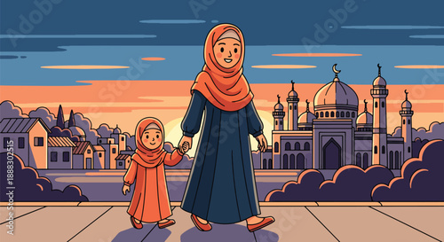 Vector illustration of a Muslim mother and daughter walking to a mosque together, reflecting spiritual journey, modest lifestyle, and family unity in flat vector style