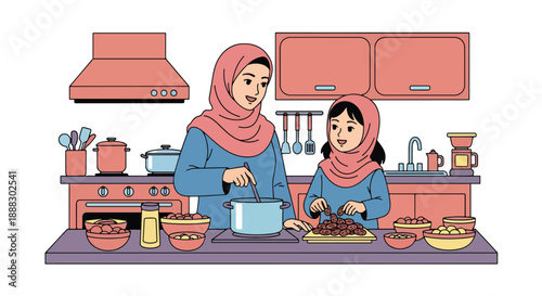 Vector illustration of a Muslim mother and daughter preparing food for iftar, showing teamwork, care, and joyful Ramadan family moments in flat vector style
