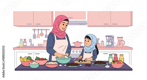 Vector illustration of a Muslim mother and daughter preparing food for iftar, showing teamwork, care, and joyful Ramadan family moments in flat vector style