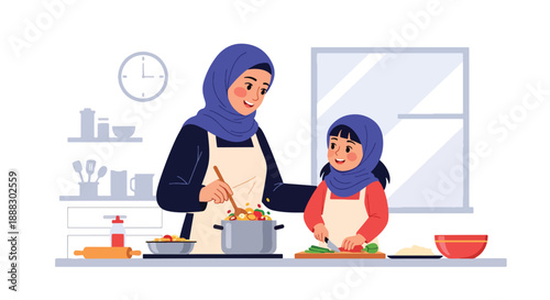Vector illustration of a Muslim mother and daughter preparing food for iftar, showing teamwork, care, and joyful Ramadan family moments in flat vector style