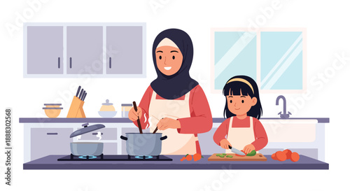 Vector illustration of a Muslim mother and daughter preparing food for iftar, showing teamwork, care, and joyful Ramadan family moments in flat vector style