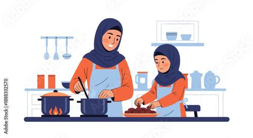 Vector illustration of a Muslim mother and daughter preparing food for iftar, showing teamwork, care, and joyful Ramadan family moments in flat vector style
