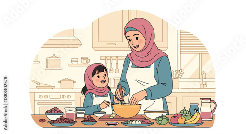 Vector illustration of a Muslim mother and daughter preparing food for iftar, showing teamwork, care, and joyful Ramadan family moments in flat vector style