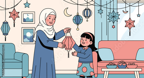 Vector illustration of a Muslim mother and daughter decorating their home for Eid, expressing joy, celebration, and cultural tradition in flat vector style