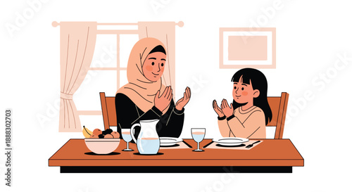 Vector illustration of a Muslim mother teaching her daughter to be thankful before meals, promoting gratitude and faith-based family values in flat vector style