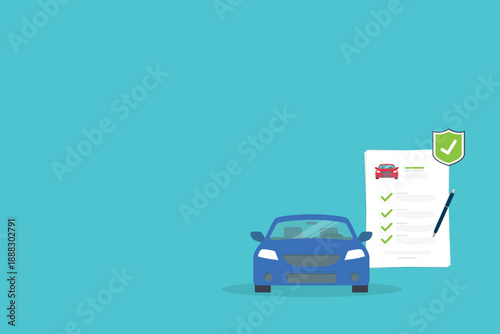 Car insurance document, report. Paper agreement checklist or loan checkmarks form list approved with automobile icon, vehicle financial, car dealership legal deal.