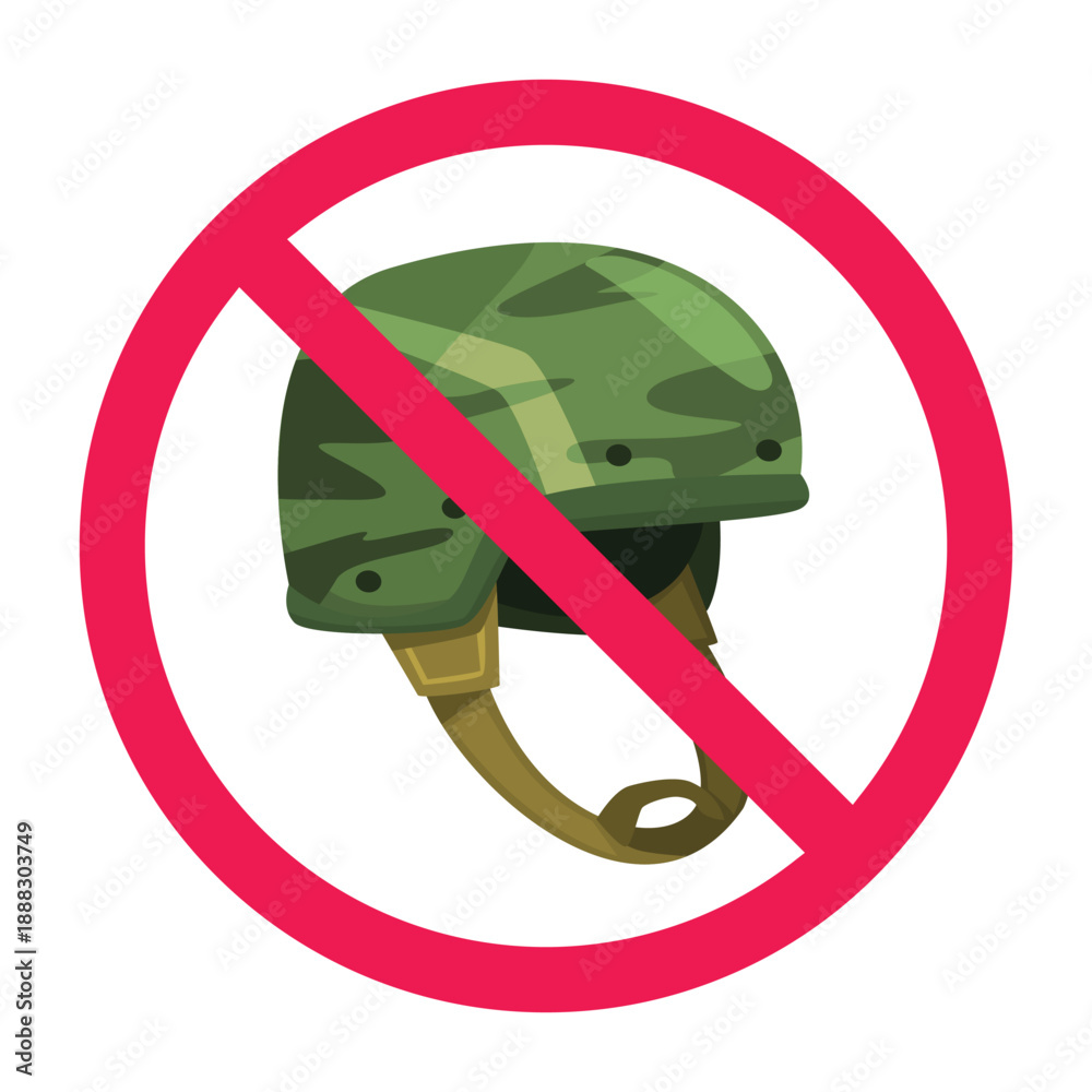Fototapeta premium No soldiers sign, forbidden sign with army military combat helmet icon, army prohibited icon, military access restricted symbol, do not wear tactical helmet sign