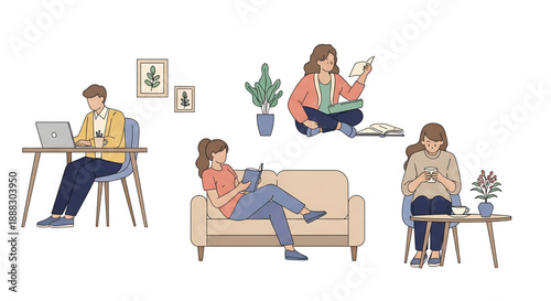 People Relaxing at Home with Laptops and Plants