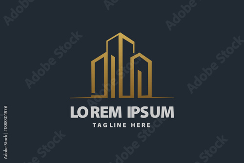 Golden outline of skyscraper buildings for real estate Vector logo template