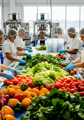 Worker food processing facility preparing fresh produce quality packaging