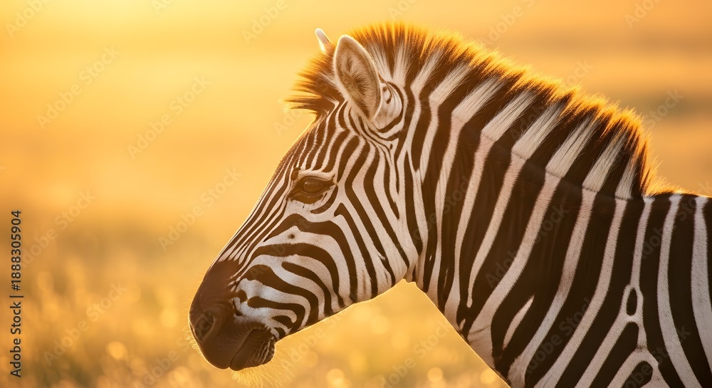 Fototapeta premium A zebra's profile in golden hour. Striking black and white stripes, illuminated by warm sunlight