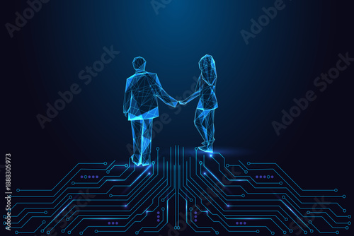 Glowing digital couple holding hands on circuit board, AI love, virtual relationships and connection