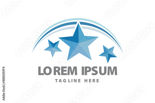 Three blue stars with arching swoosh symbol Vector logo template