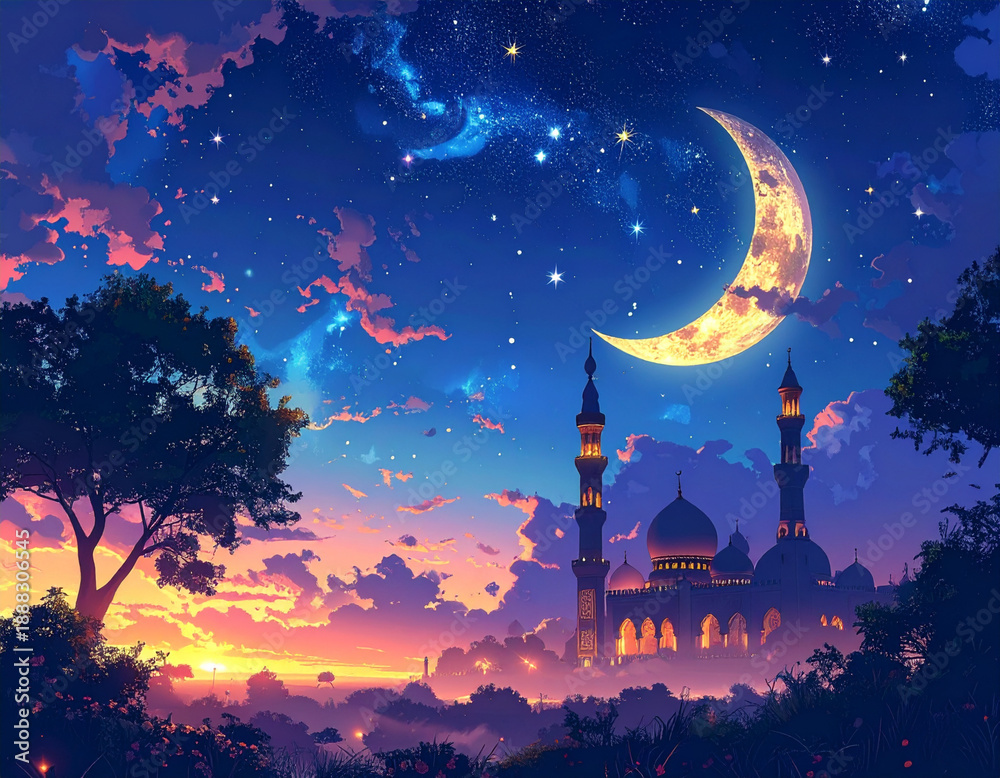 Naklejka premium Mosque with a view of the crescent moon at night. Concept of Ramadan, Eid al-Fitr, Eid al-Adha, and the month of Sha'ban