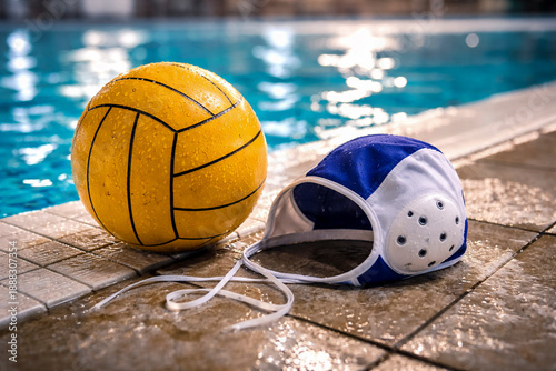Water polo ball and cap by swimming pool