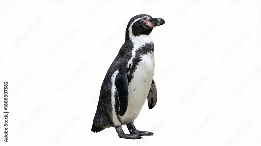 Obraz premium Majestic adult penguin standing upright, isolated on a pure white background. Full body studio shot of a beautiful seabird.