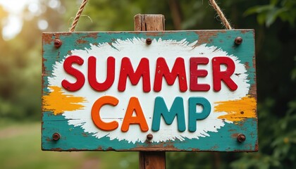 Colorful wooden sign reads SUMMER CAMP in large, bold letters. Rustic, weathered sign hangs in green foliage outdoors. Offers a playful, nostalgic vibe for summer vacations and outdoor adventures.