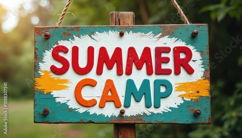 Colorful wooden sign reads SUMMER CAMP in large, bold letters. Rustic, weathered sign hangs in green foliage outdoors. Offers a playful, nostalgic vibe for summer vacations and outdoor adventures.