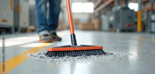 Person sweeps dust and debris on concrete floor in warehouse. Worker tidies up large industrial space, maintaining order. Cleaning equipment used for facility upkeep.