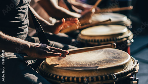 People playing drums in a park. Scene is lively and energetic.