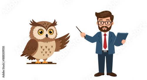 Animated wise owl character presenting with a human teacher, isolated on white background perfect