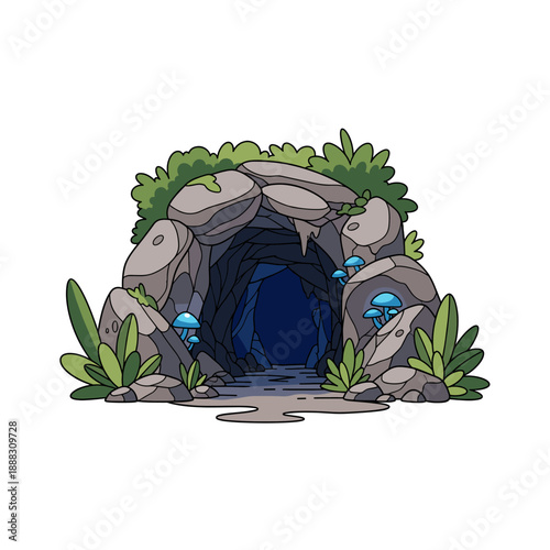 Cartoon Cave Entrance with Glowing Mushrooms, Isolated on White