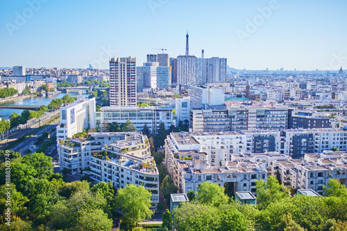 Photography Panoramic aerial view of Paris cityscape with the Eiffel Tower in the background
