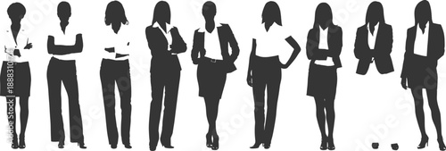 Business women silhouettes standing confident, professional female leaders team, corporate office staff poses, leadership and success concept, isolated white background vector