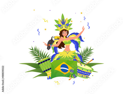 Energetic Carnival Dancer Woman in Blue and Yellow Regalia
