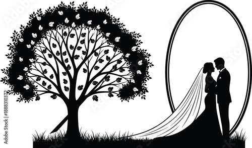 Romantic wedding couple silhouette, bride groom under tree, love marriage concept, elegant engagement illustration, nature romance scene, black white vector