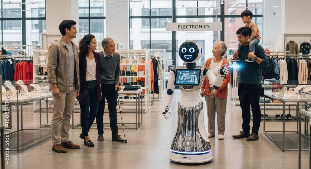 Fototapeta premium A group of people of different ages interacting with a robot in a modern electronics store