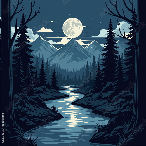 Foto Moonlit River Through Forest: Serene Night Landscape
