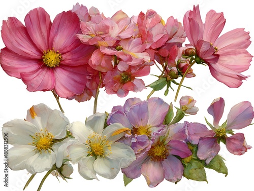 Watercolor painting featu an assortment of colorful cosmos flowers with pink and purple petals on a white background beautifully illustrated.