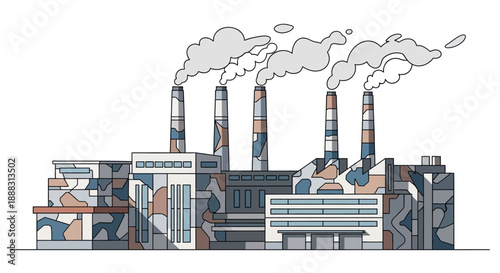 Industrial Factory with Smoking Chimneys Emitting Pollution Under Grey Sky
