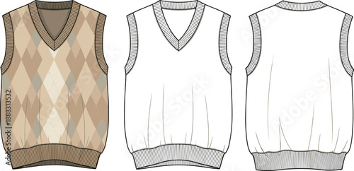 Argyle Knit Sweater Vest Flat Vector Technical Sketch, V-Neck Sleeveless Pullover Illustration
