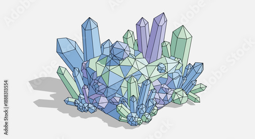 Pile of Abstract Geometric Crystals in Blue Green and Purple, Faceted Jewel Rocks on light grey isolated background