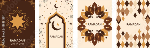 Ramadan Kareem Greeting Card Set with Islamic Patterns, Flat Vector Religious Illustration Cover