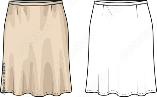 Women Midi Slip Skirt Flat Vector Illustration, Fashion Technical Sketch Bias Cut CAD Mockup
